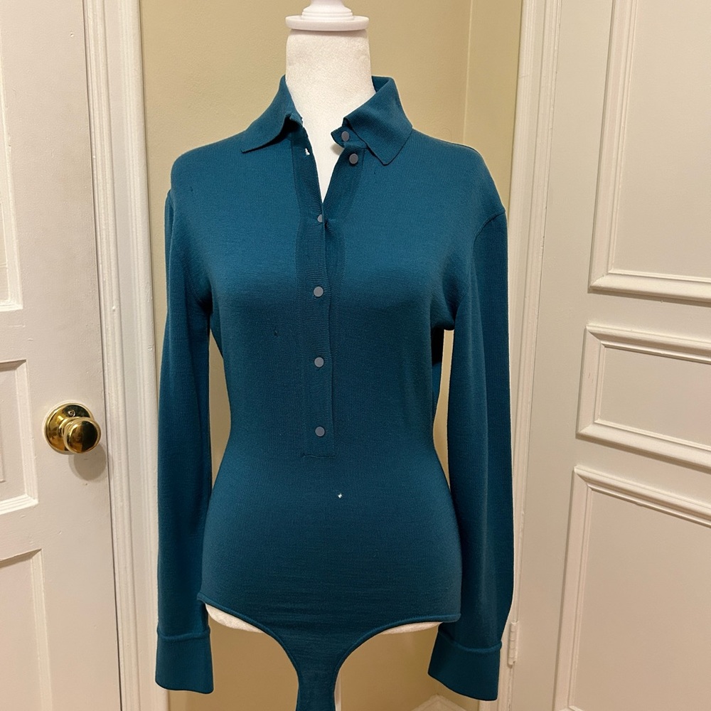 Vintage Azzedine Alaia Turquoise 100% Wool bodysuit with collar